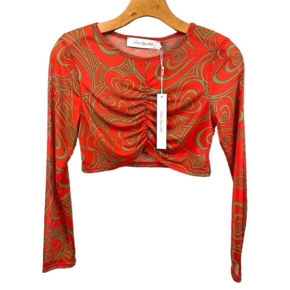 NEW Lisa Says Gah Elenor Ruched Centre Wild Hearts Long Sleeve Mesh Crop Top - Picture 7 of 10